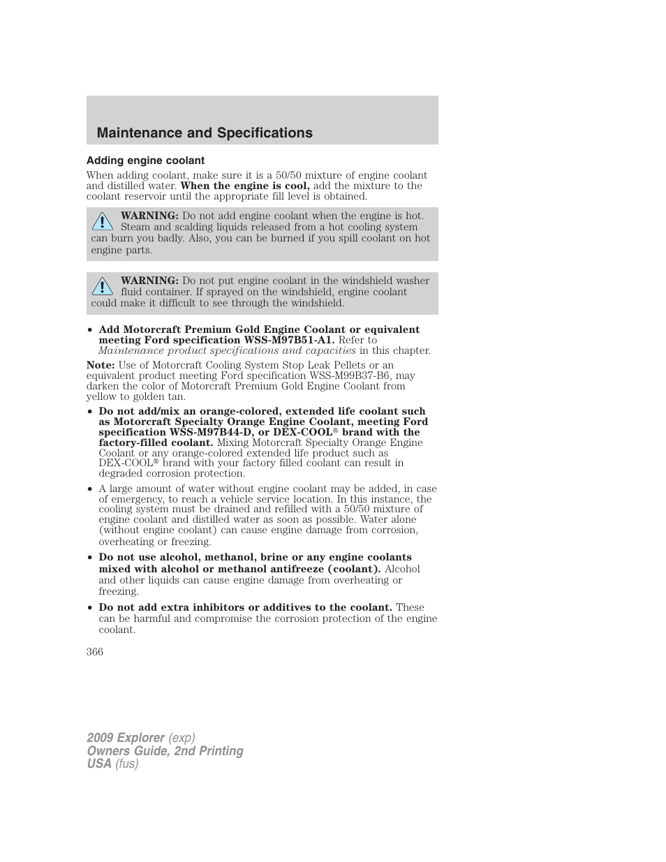Adding engine coolant, Maintenance and specifications | FORD 2009 Explorer v.2 User Manual | Page 366 / 401