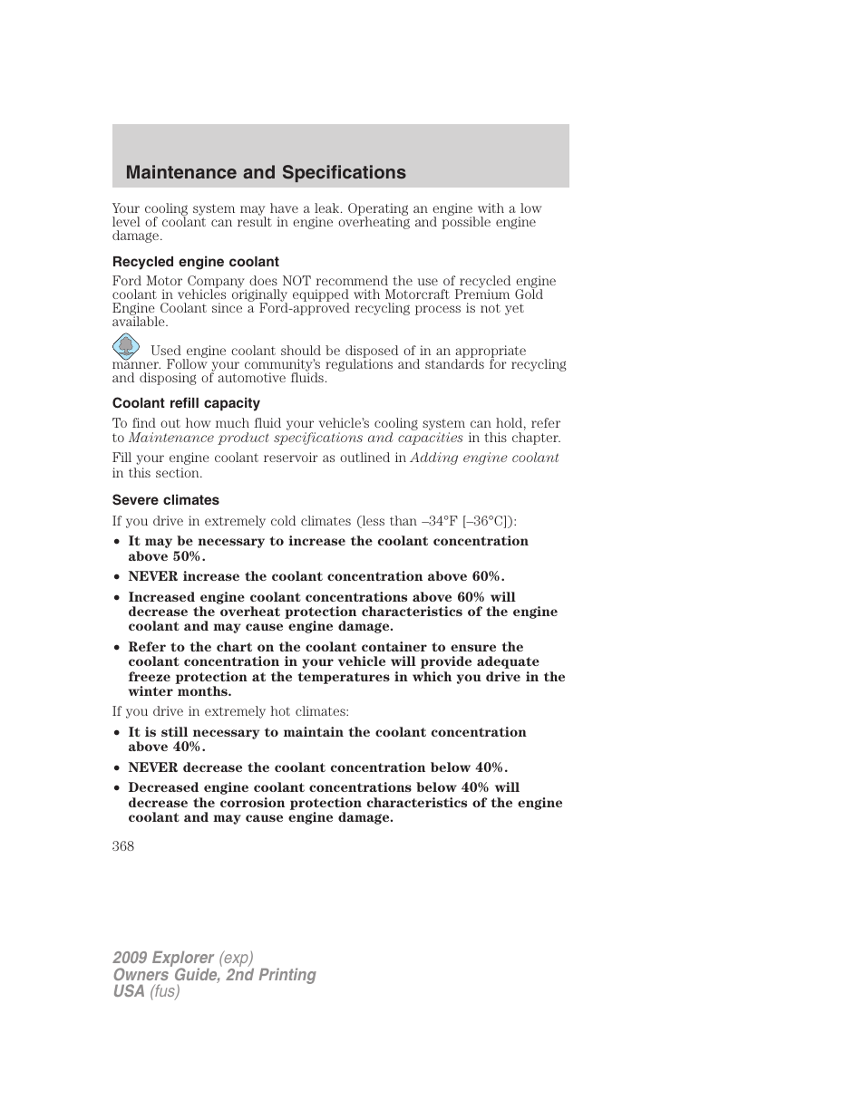 Recycled engine coolant, Coolant refill capacity, Severe climates | Maintenance and specifications | FORD 2009 Explorer v.2 User Manual | Page 368 / 401
