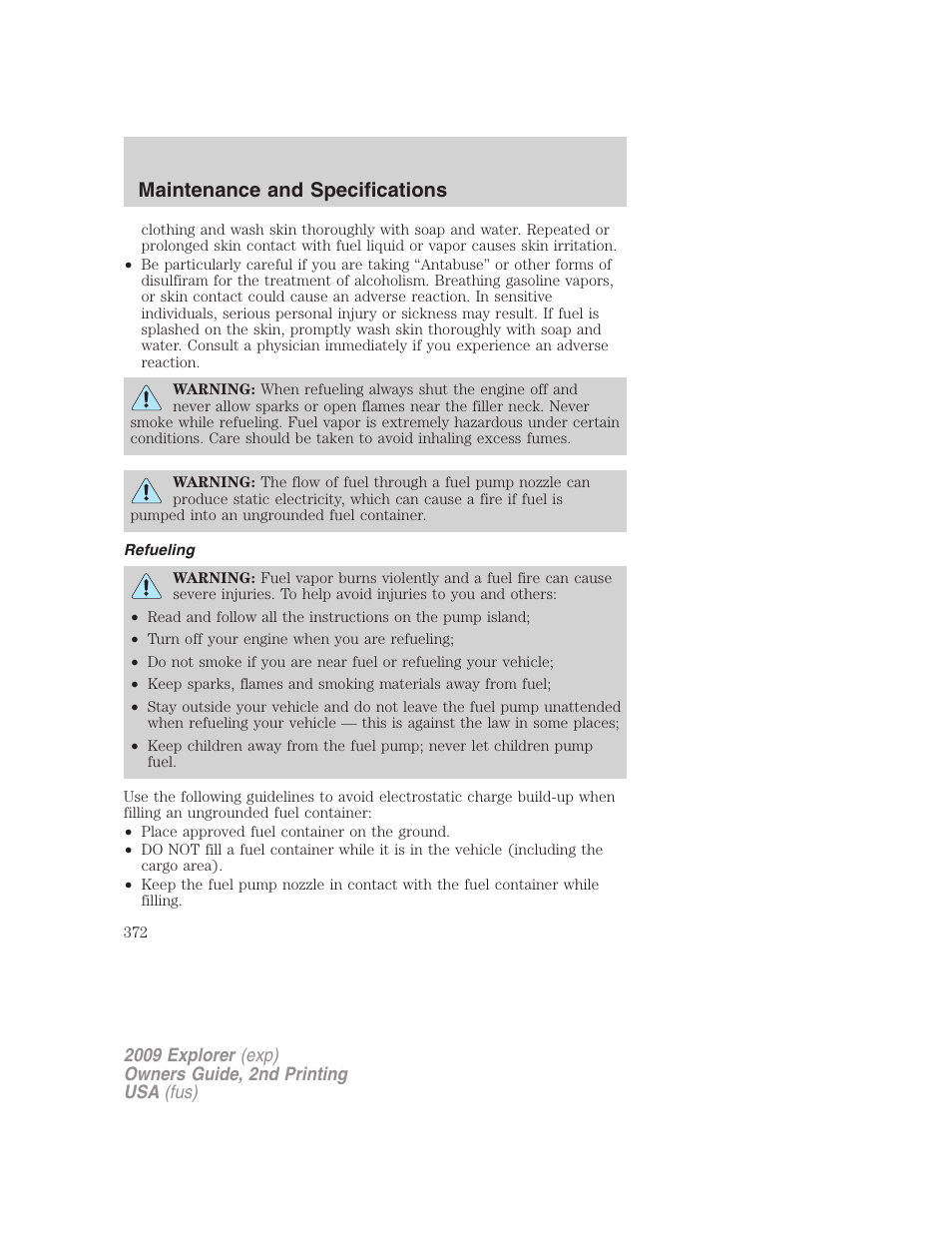 Refueling, Maintenance and specifications | FORD 2009 Explorer v.2 User Manual | Page 372 / 401