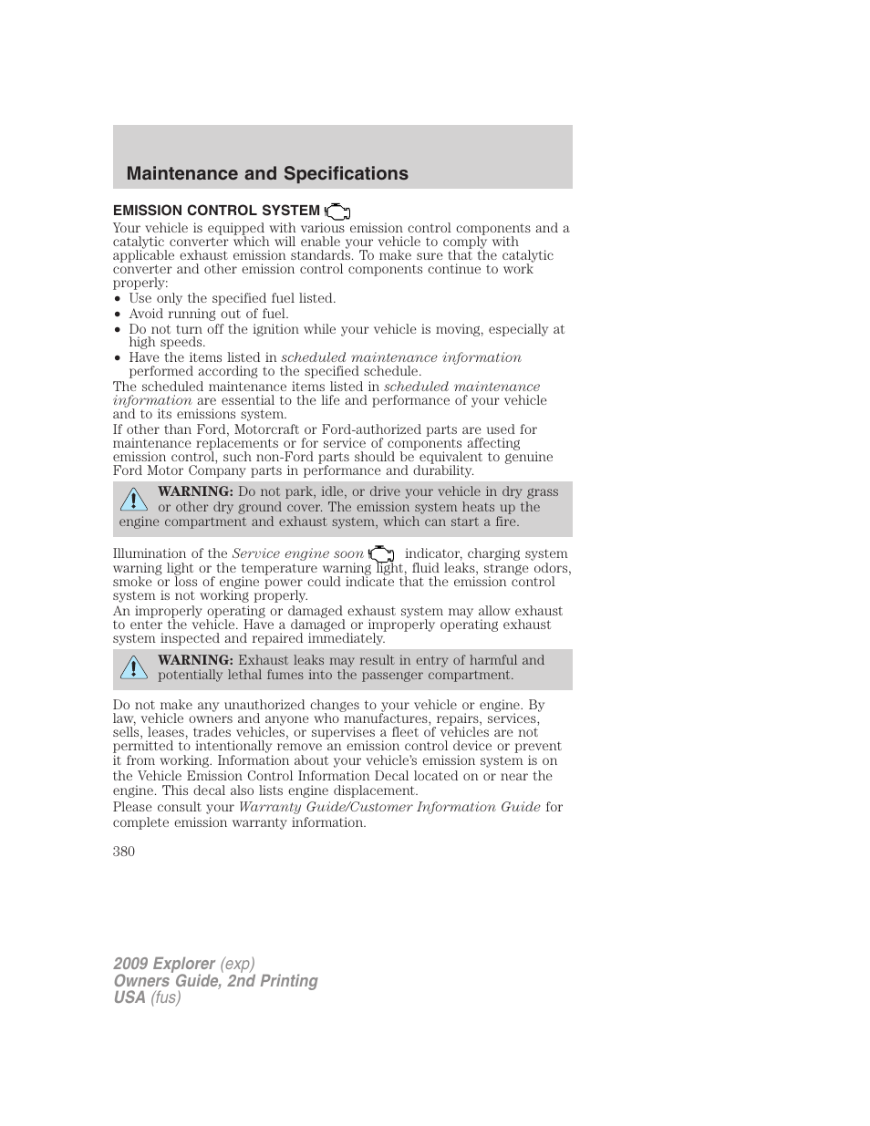 Emission control system, Maintenance and specifications | FORD 2009 Explorer v.2 User Manual | Page 380 / 401