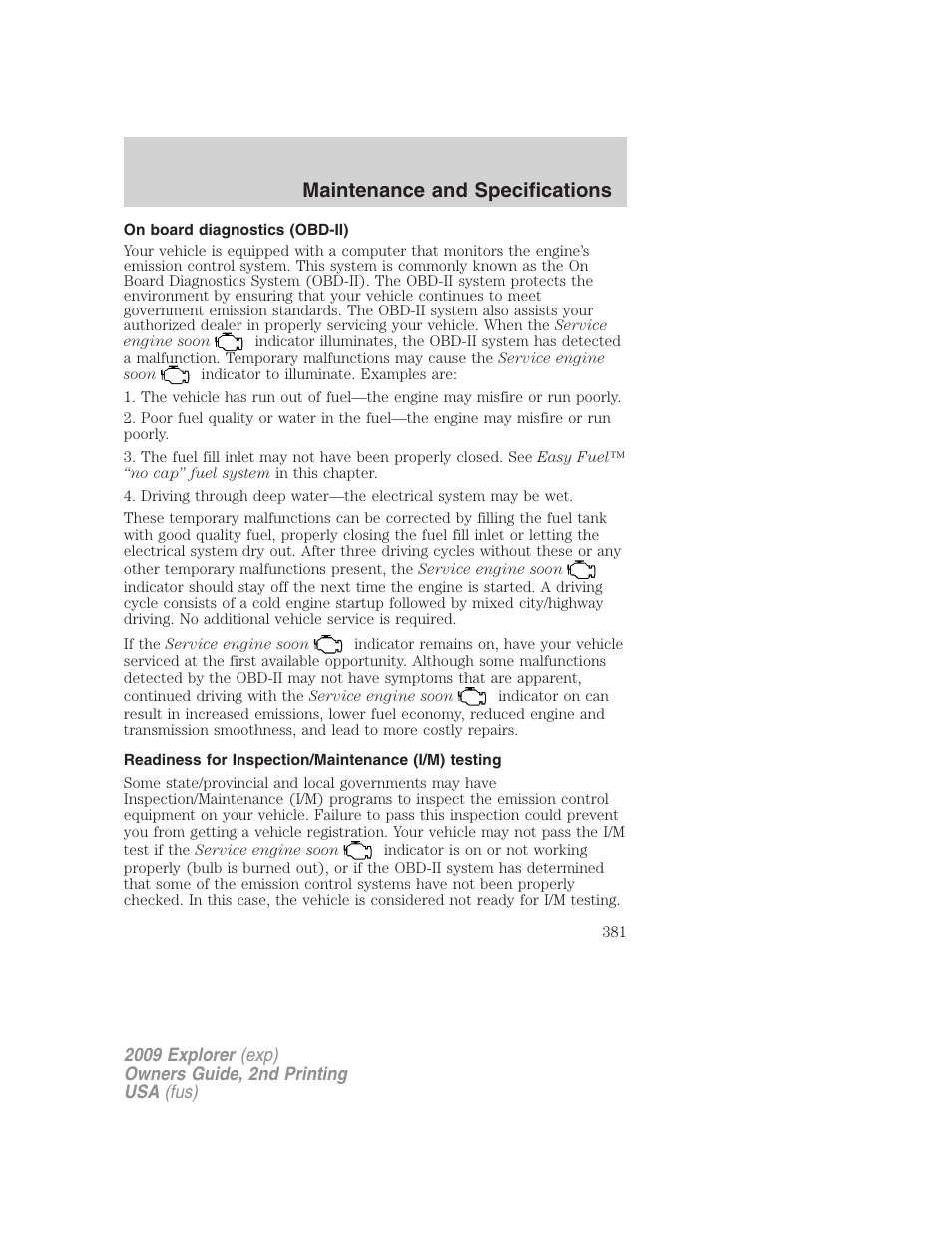 On board diagnostics (obd-ii), Readiness for inspection/maintenance (i/m) testing, Maintenance and specifications | FORD 2009 Explorer v.2 User Manual | Page 381 / 401