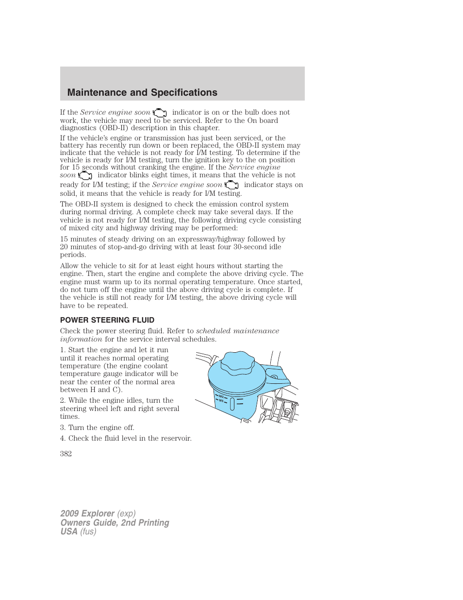 Power steering fluid, Maintenance and specifications | FORD 2009 Explorer v.2 User Manual | Page 382 / 401