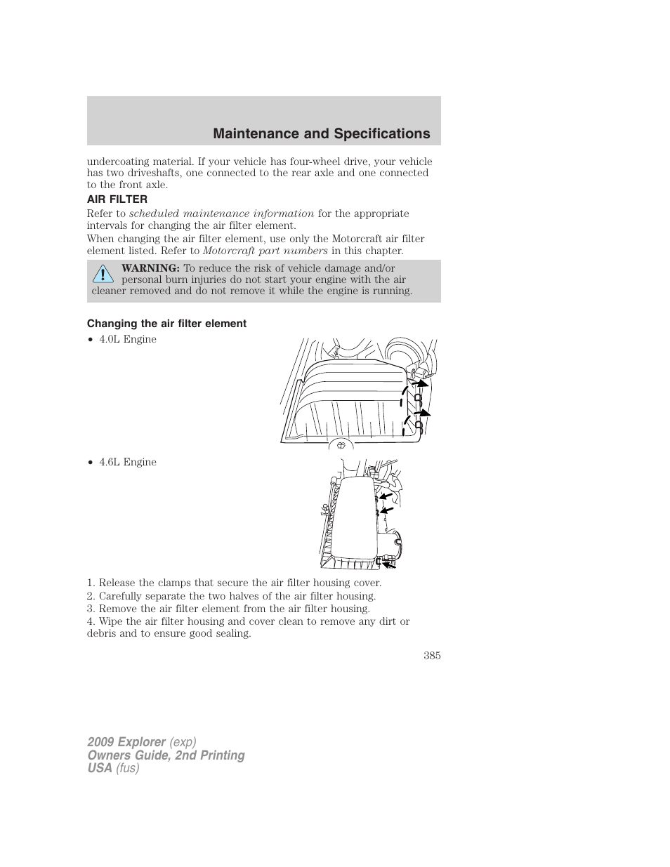 Air filter, Changing the air filter element, Air filter(s) | Maintenance and specifications | FORD 2009 Explorer v.2 User Manual | Page 385 / 401