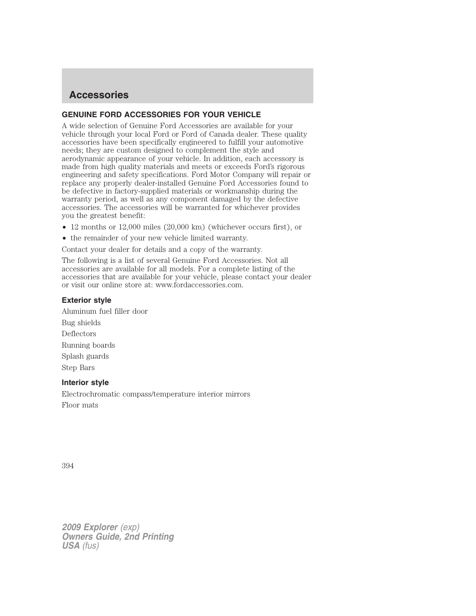 Accessories, Genuine ford accessories for your vehicle, Exterior style | Interior style | FORD 2009 Explorer v.2 User Manual | Page 394 / 401