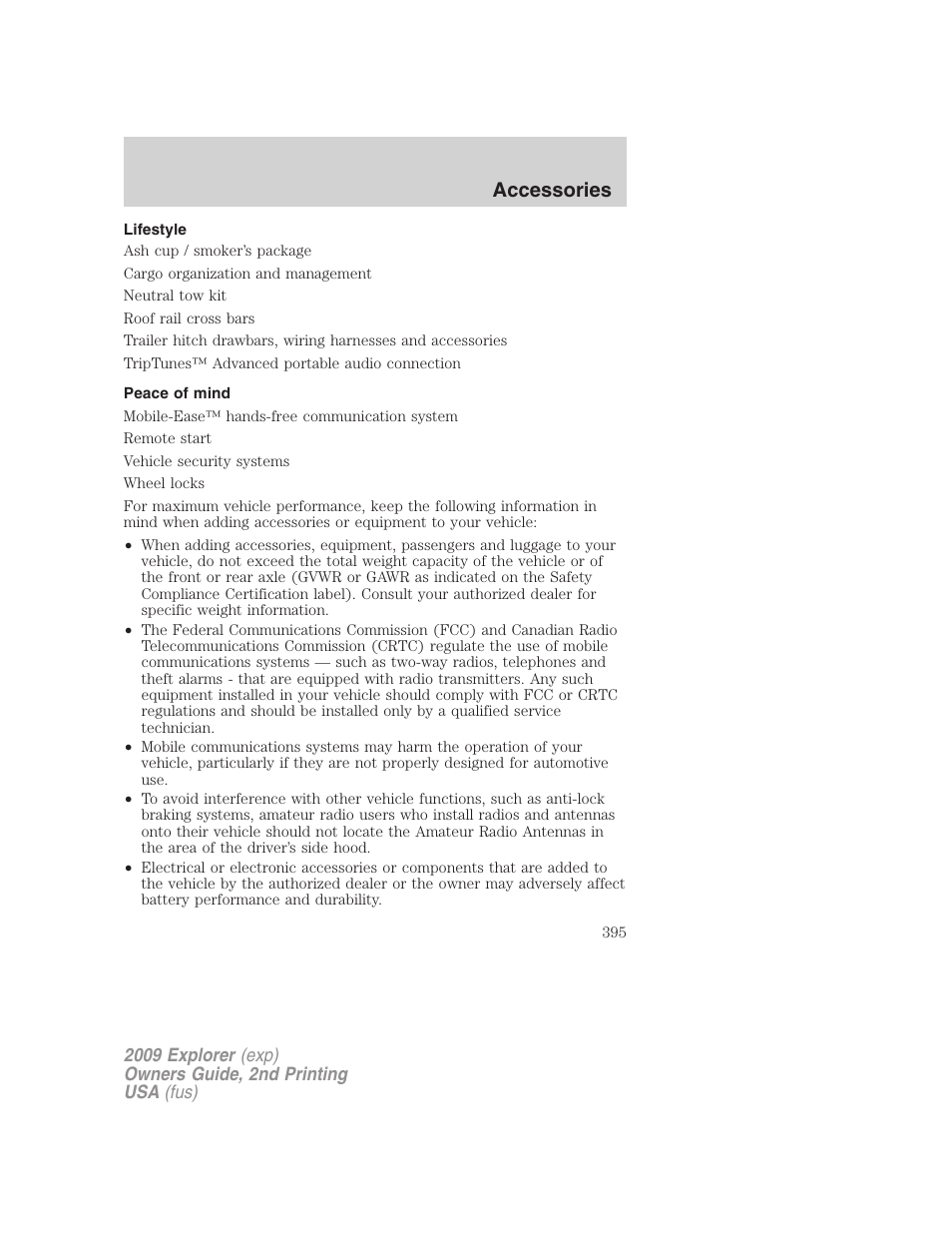 Lifestyle, Peace of mind, Accessories | FORD 2009 Explorer v.2 User Manual | Page 395 / 401