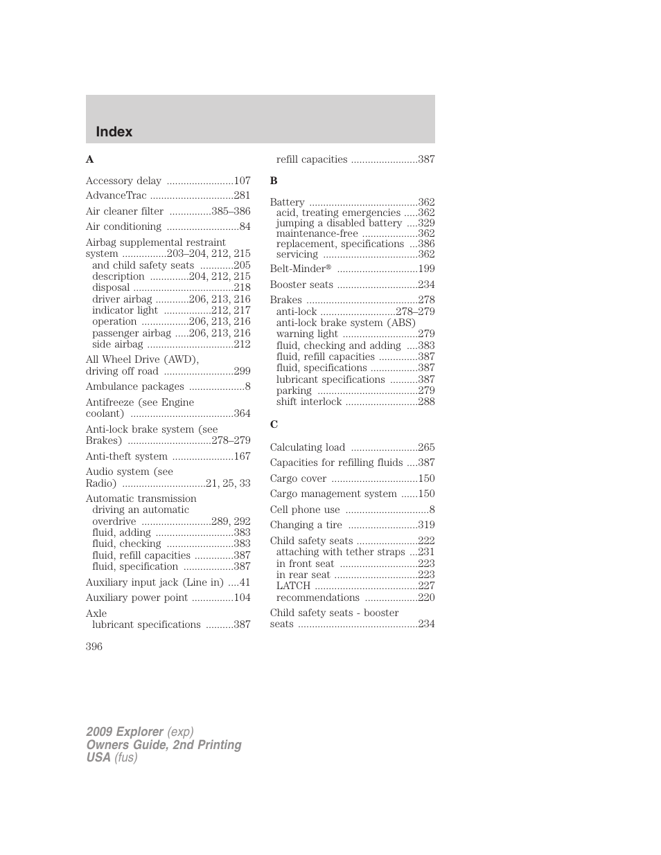 Index | FORD 2009 Explorer v.2 User Manual | Page 396 / 401