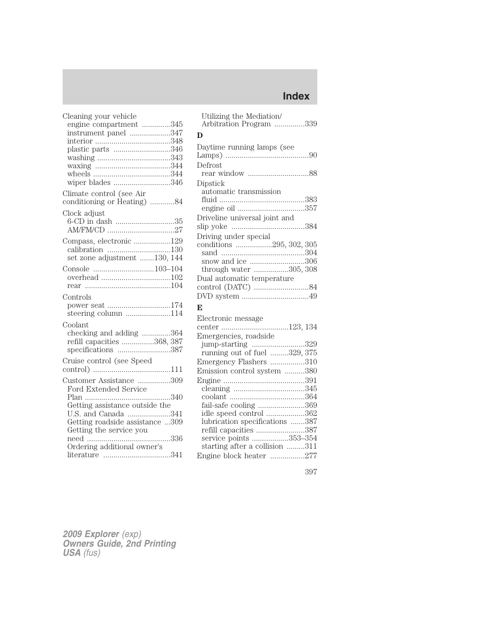 Index | FORD 2009 Explorer v.2 User Manual | Page 397 / 401