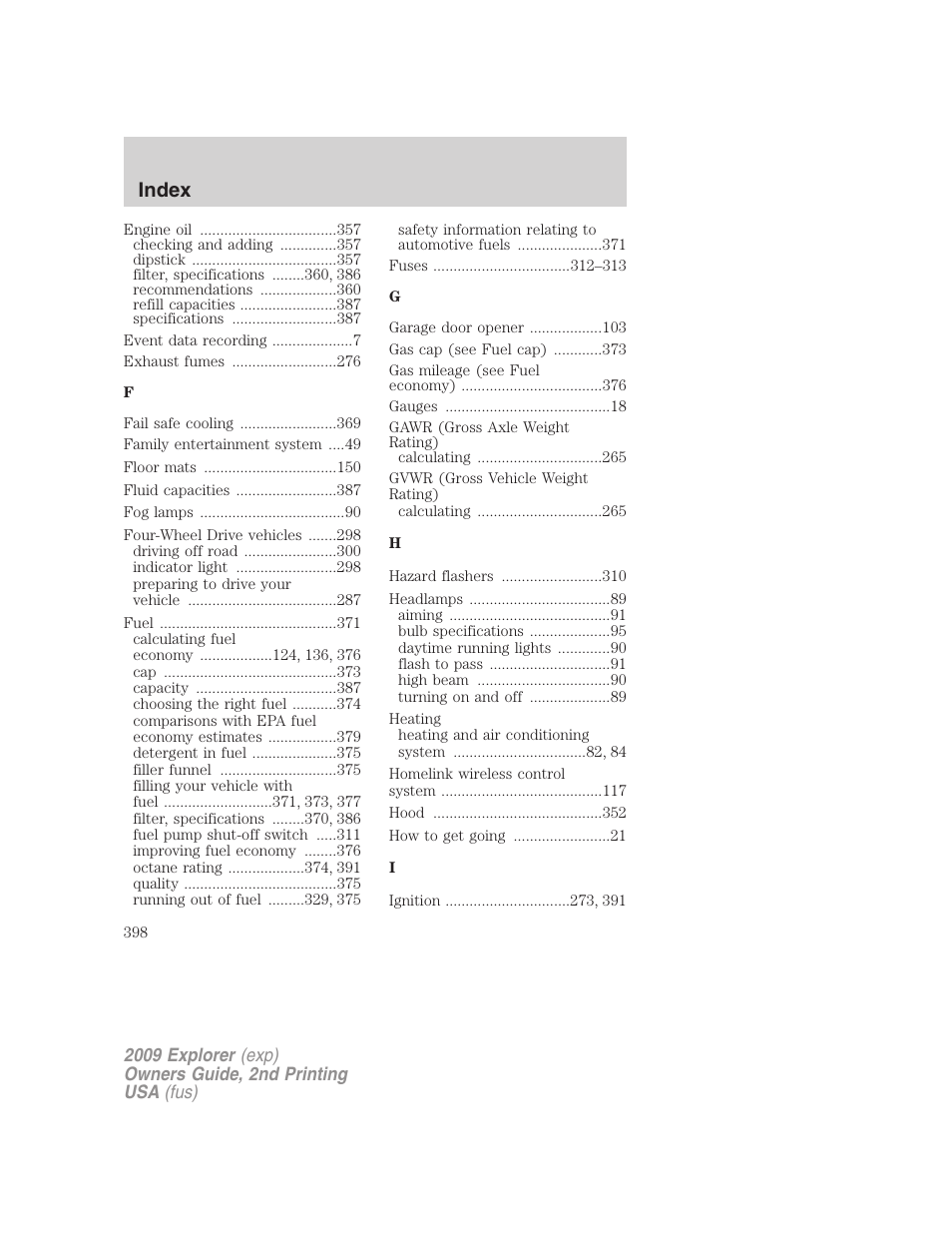 Index | FORD 2009 Explorer v.2 User Manual | Page 398 / 401