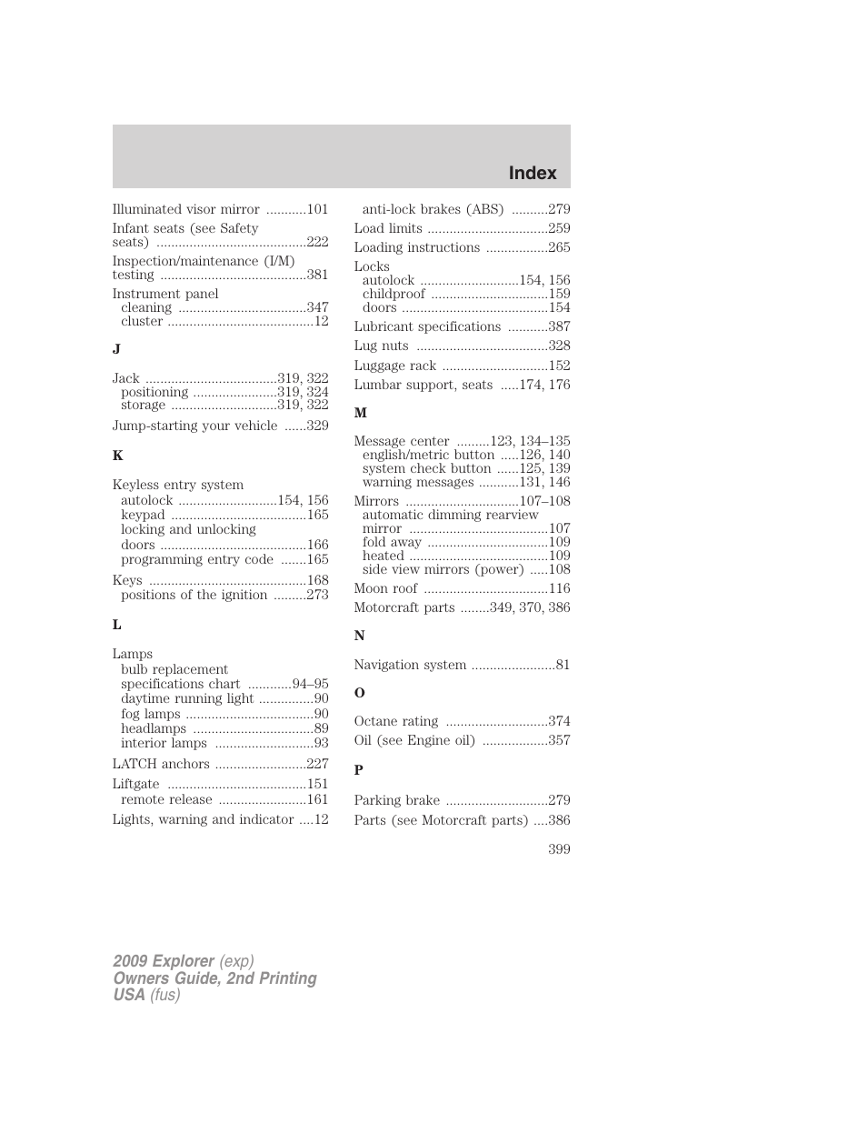 Index | FORD 2009 Explorer v.2 User Manual | Page 399 / 401