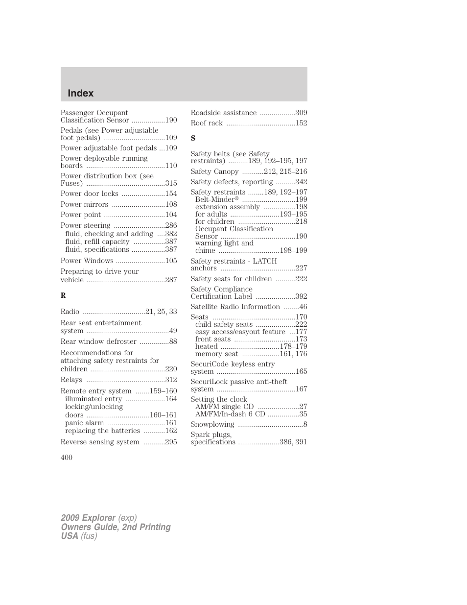 Index | FORD 2009 Explorer v.2 User Manual | Page 400 / 401