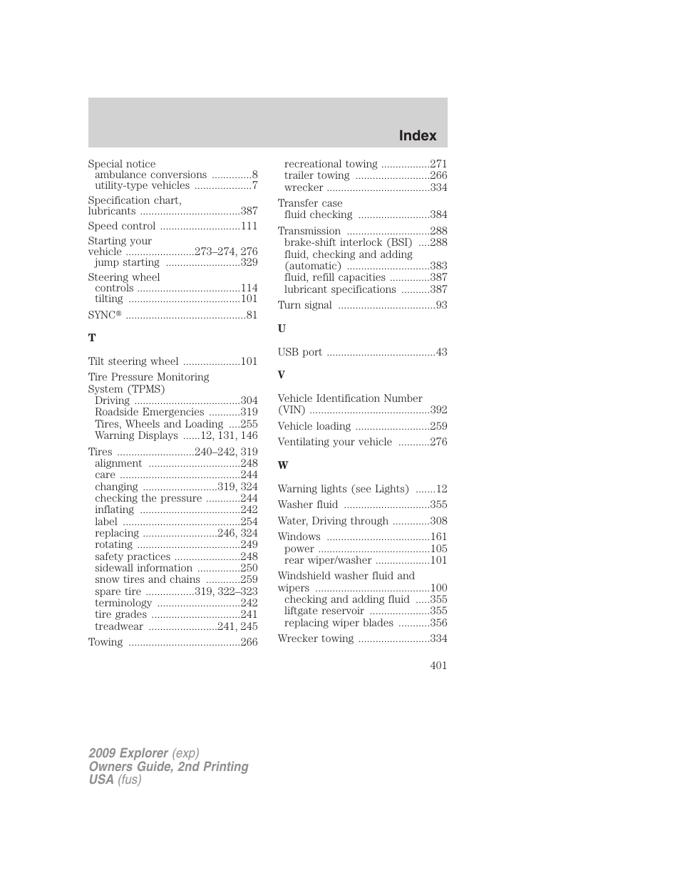 Index | FORD 2009 Explorer v.2 User Manual | Page 401 / 401