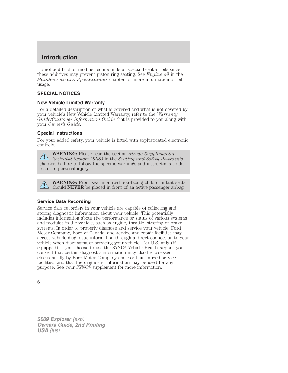 Special notices, New vehicle limited warranty, Special instructions | Service data recording, Introduction | FORD 2009 Explorer v.2 User Manual | Page 6 / 401