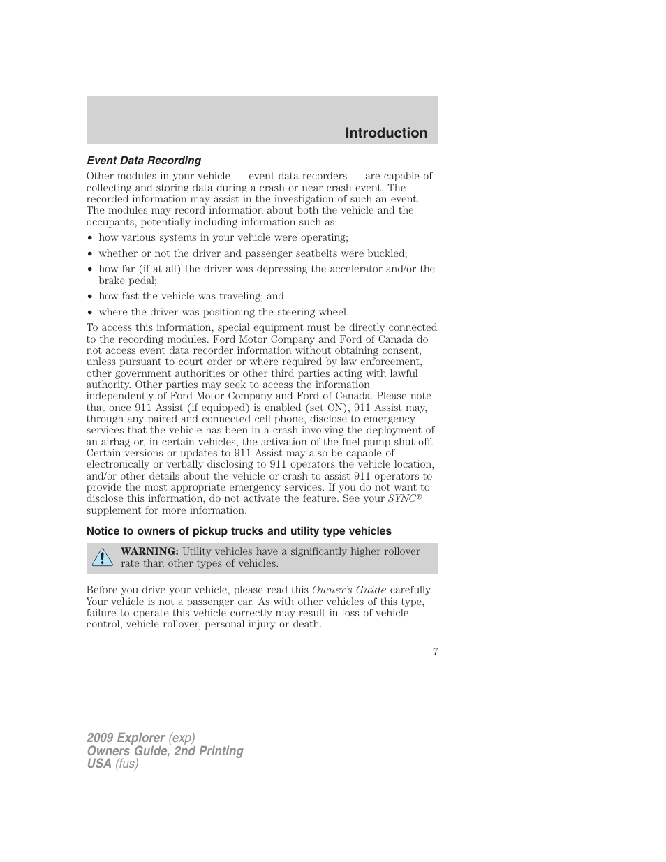 Event data recording, Introduction | FORD 2009 Explorer v.2 User Manual | Page 7 / 401