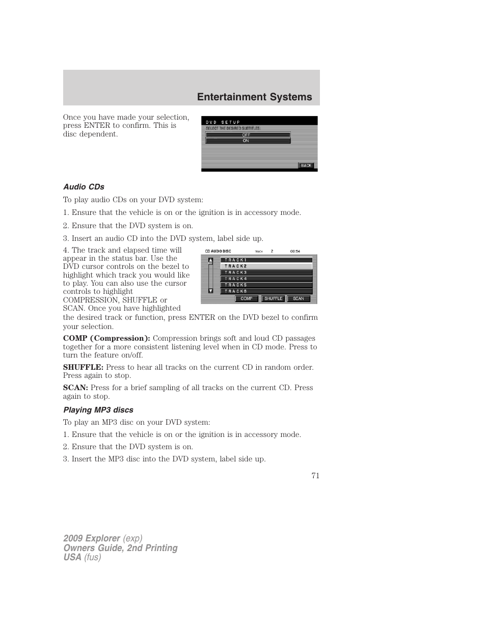 Audio cds, Playing mp3 discs, Entertainment systems | FORD 2009 Explorer v.2 User Manual | Page 71 / 401