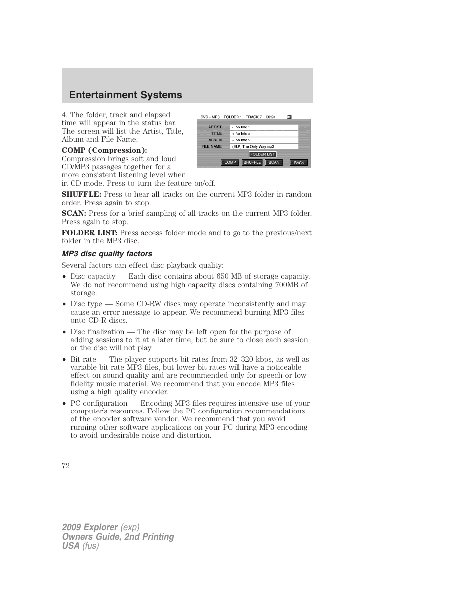Mp3 disc quality factors, Entertainment systems | FORD 2009 Explorer v.2 User Manual | Page 72 / 401