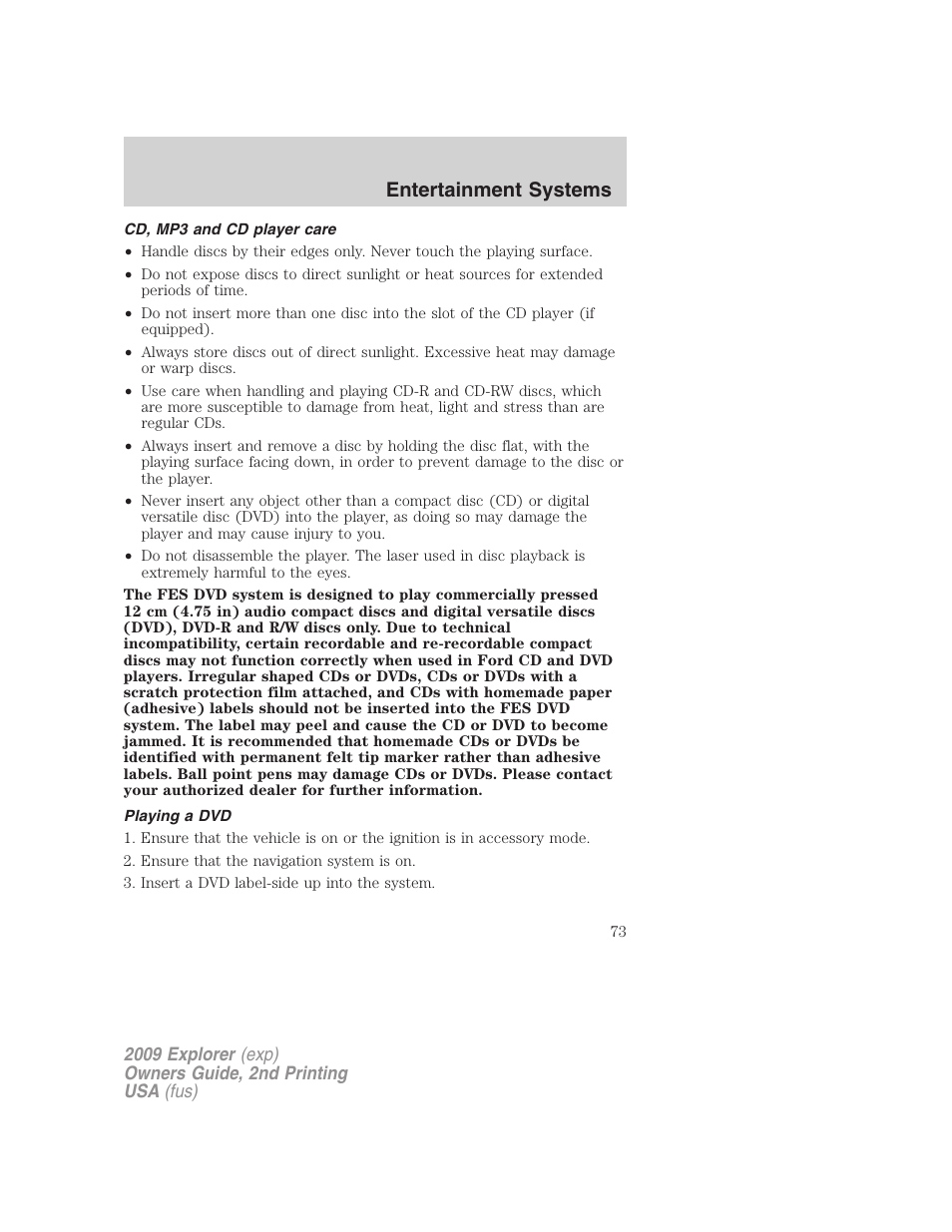 Cd, mp3 and cd player care, Playing a dvd, Entertainment systems | FORD 2009 Explorer v.2 User Manual | Page 73 / 401