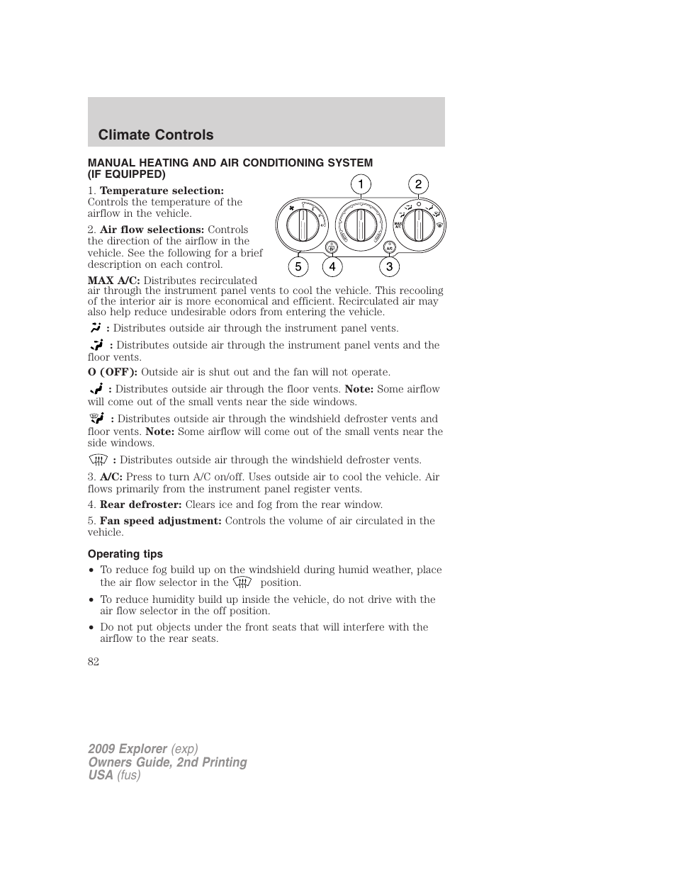 Climate controls, Operating tips, Manual heating and air conditioning | FORD 2009 Explorer v.2 User Manual | Page 82 / 401