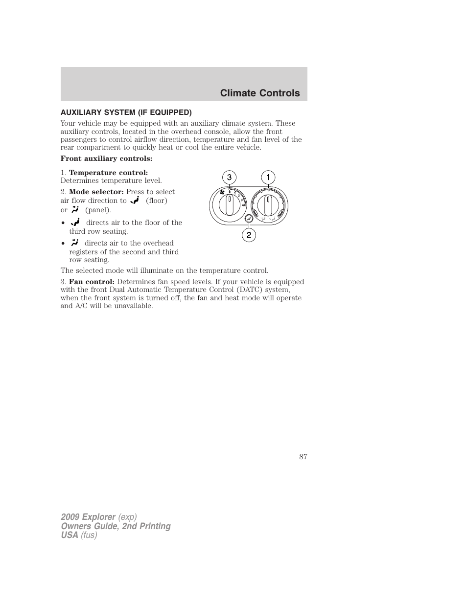 Auxiliary system (if equipped), Auxiliary passenger climate control, Climate controls | FORD 2009 Explorer v.2 User Manual | Page 87 / 401