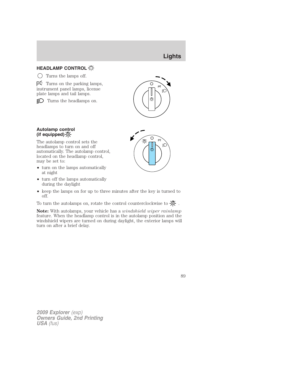 Lights, Headlamp control, Autolamp control (if equipped) | Headlamps | FORD 2009 Explorer v.2 User Manual | Page 89 / 401