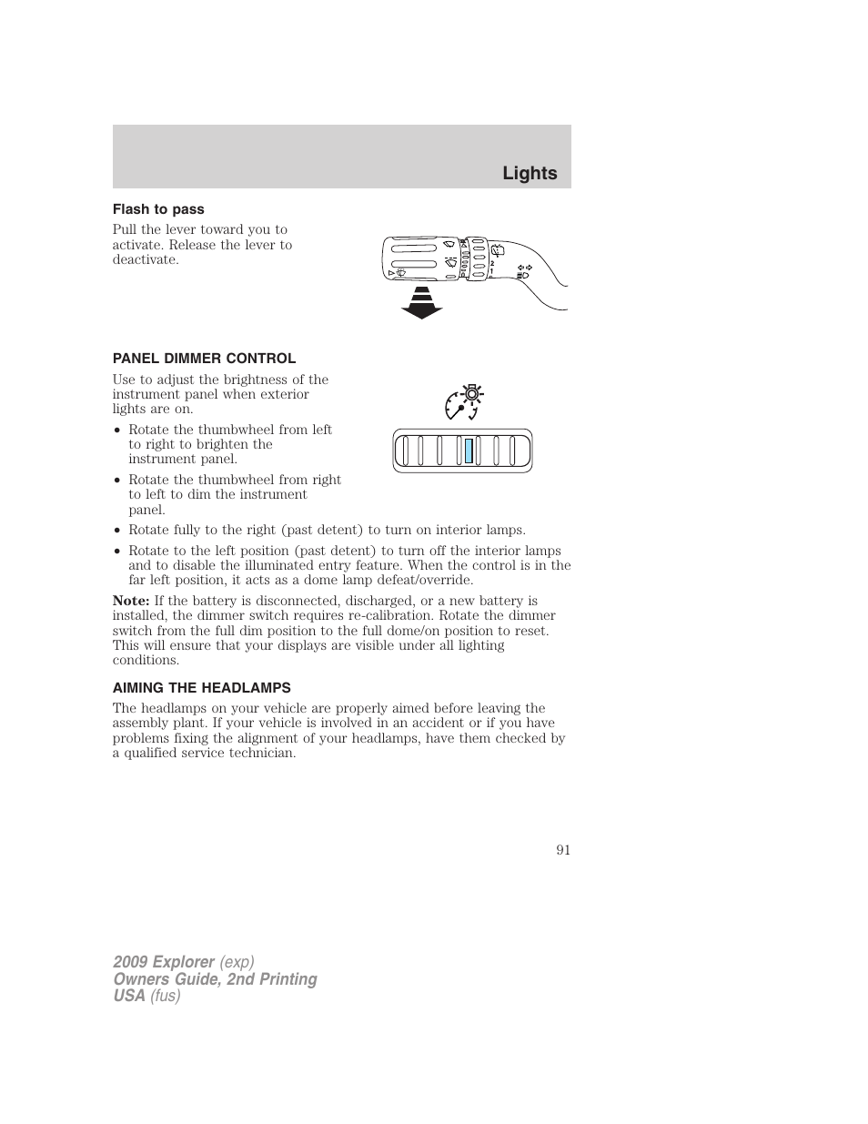 Flash to pass, Panel dimmer control, Aiming the headlamps | Lights | FORD 2009 Explorer v.2 User Manual | Page 91 / 401