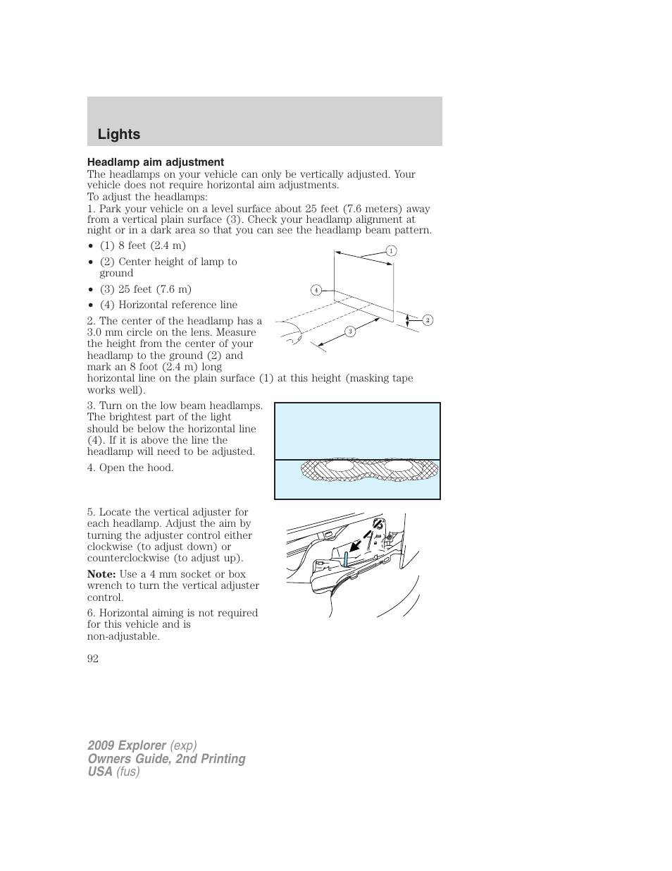 Headlamp aim adjustment, Lights | FORD 2009 Explorer v.2 User Manual | Page 92 / 401