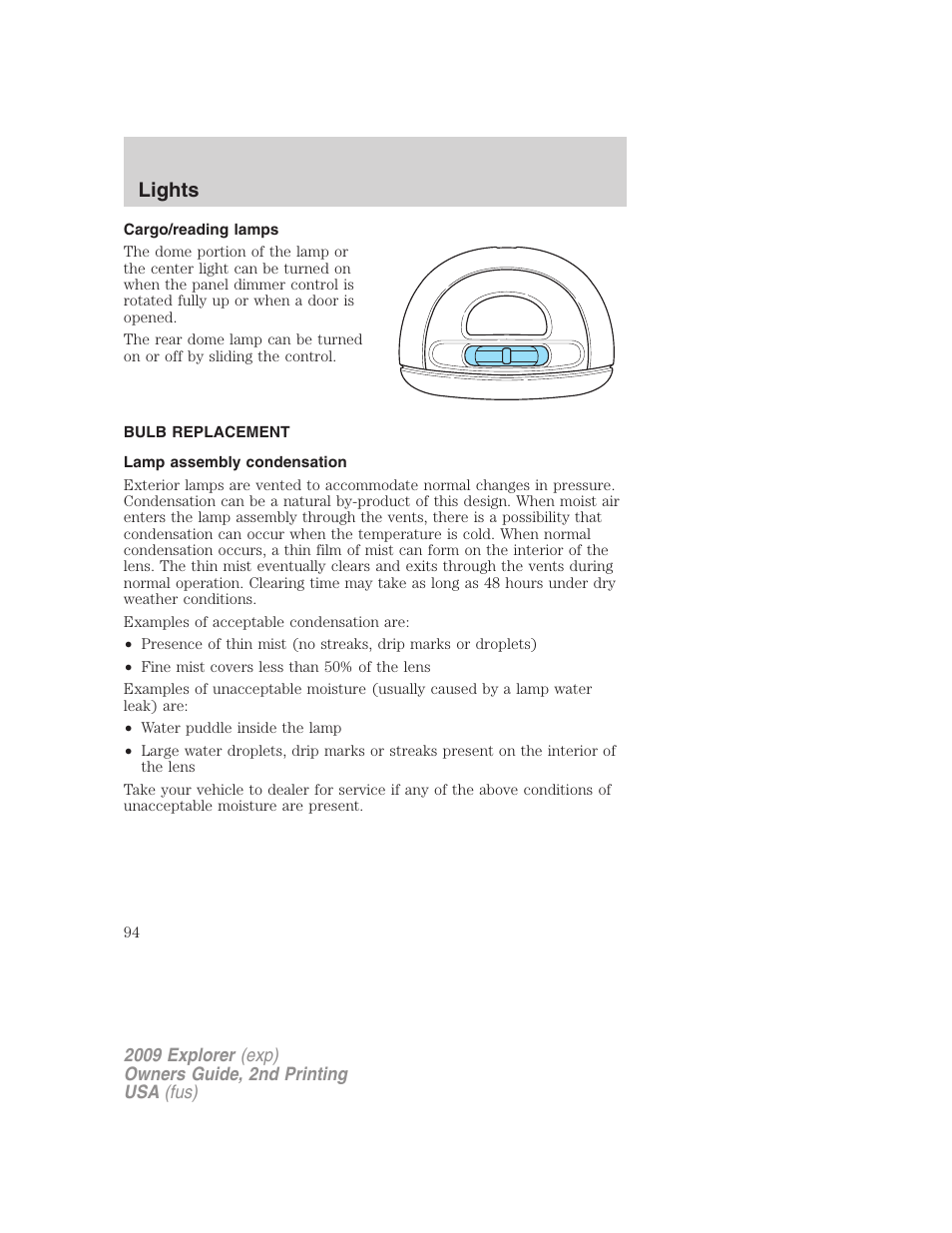 Cargo/reading lamps, Bulb replacement, Lamp assembly condensation | Lights | FORD 2009 Explorer v.2 User Manual | Page 94 / 401