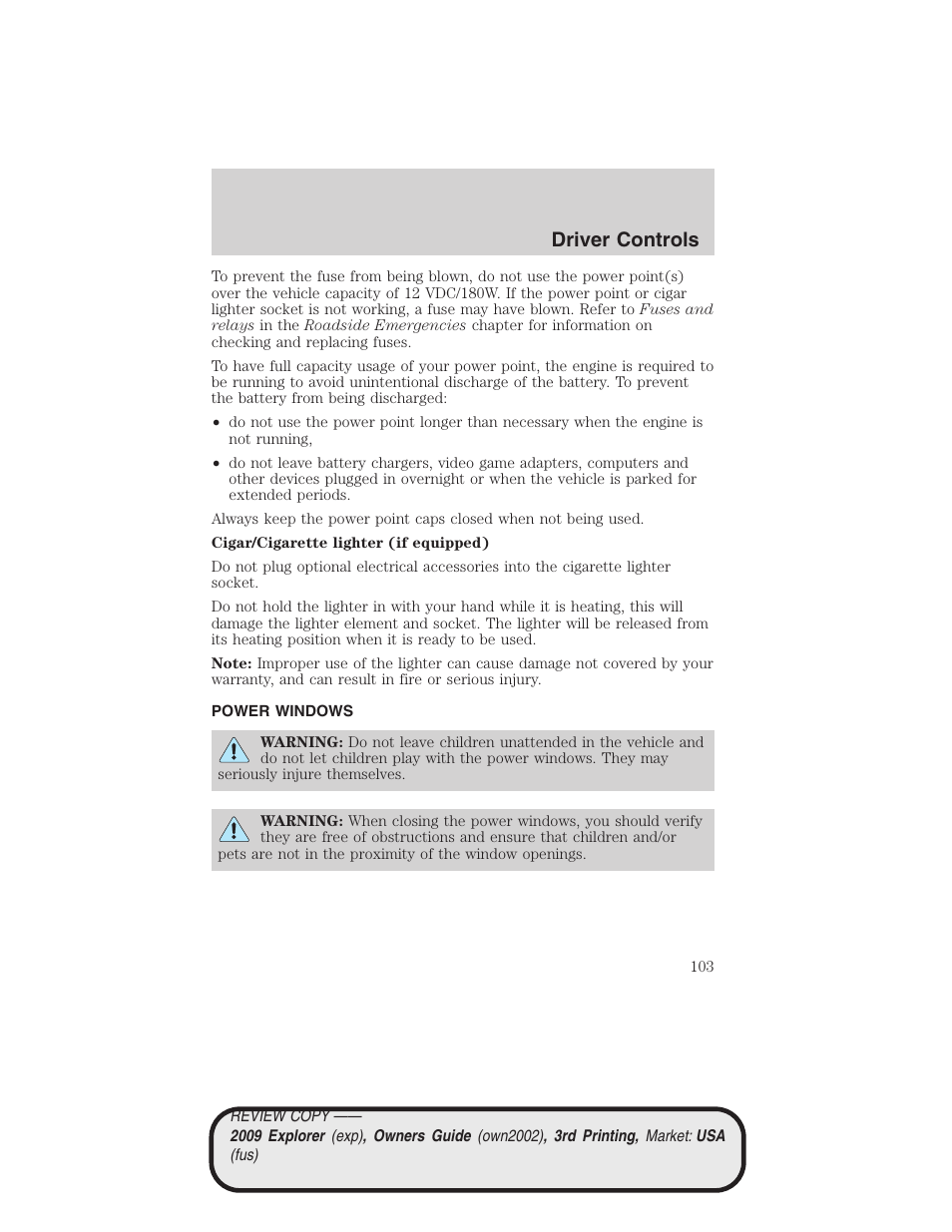 Power windows, Driver controls | FORD 2009 Explorer v.3 User Manual | Page 103 / 405