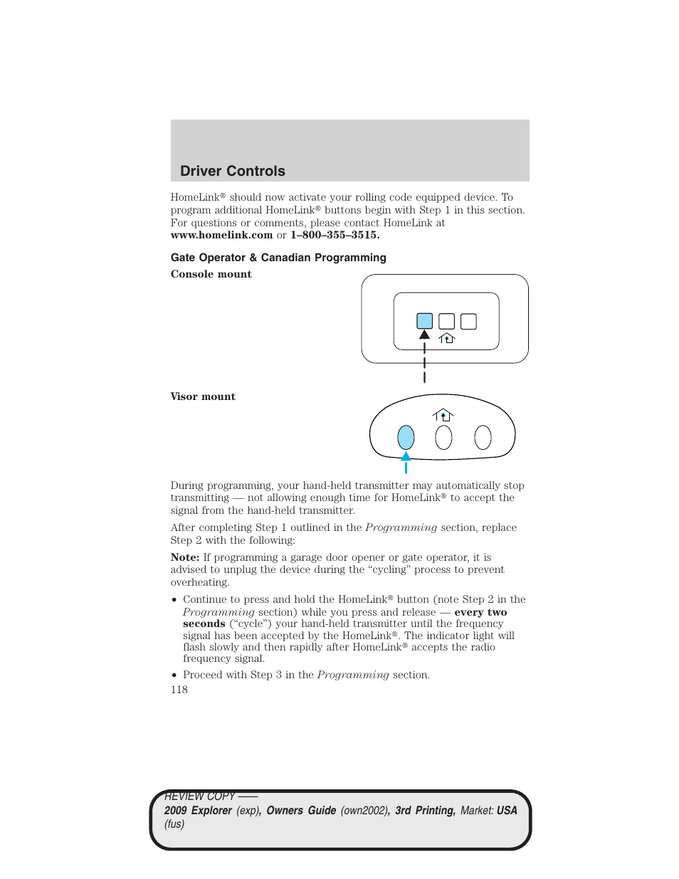 Gate operator & canadian programming, Driver controls | FORD 2009 Explorer v.3 User Manual | Page 118 / 405