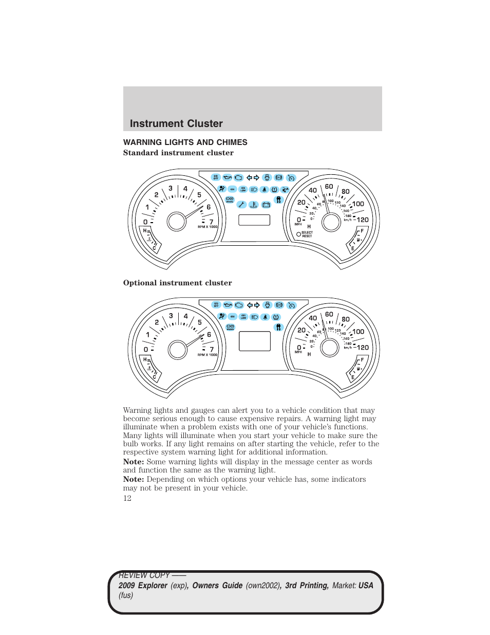 Instrument cluster, Warning lights and chimes | FORD 2009 Explorer v.3 User Manual | Page 12 / 405