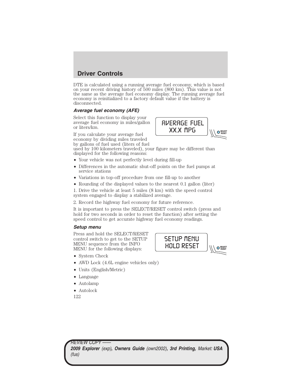 Average fuel economy (afe), Setup menu, Driver controls | FORD 2009 Explorer v.3 User Manual | Page 122 / 405