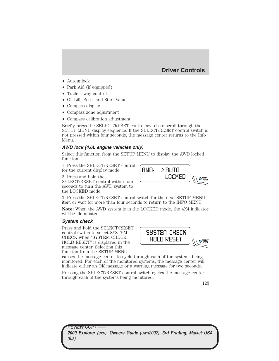 Awd lock (4.6l engine vehicles only), System check, Driver controls | FORD 2009 Explorer v.3 User Manual | Page 123 / 405