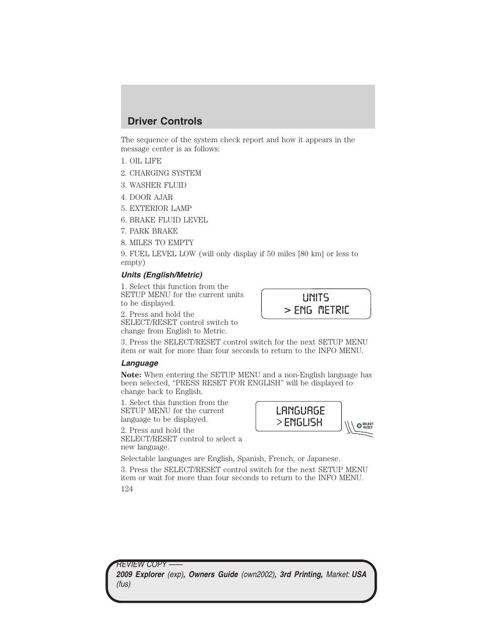 Units (english/metric), Language, Driver controls | FORD 2009 Explorer v.3 User Manual | Page 124 / 405