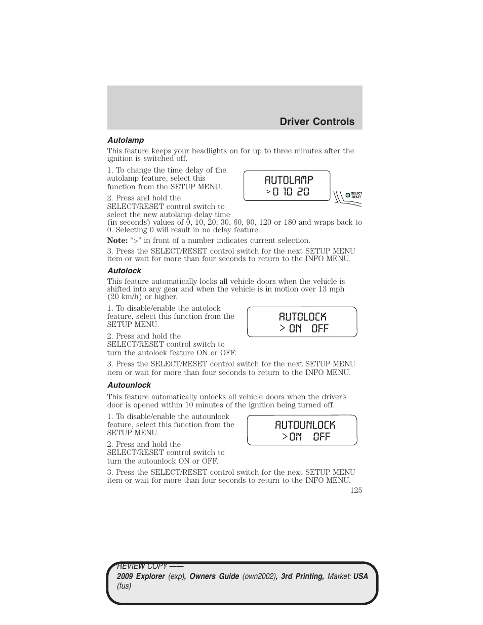 Autolamp, Autolock, Autounlock | Driver controls | FORD 2009 Explorer v.3 User Manual | Page 125 / 405