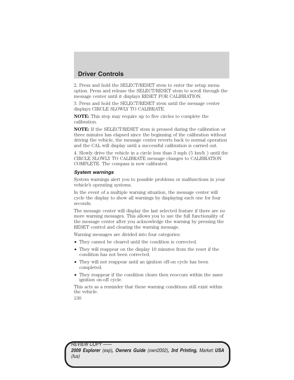 System warnings, Driver controls | FORD 2009 Explorer v.3 User Manual | Page 130 / 405