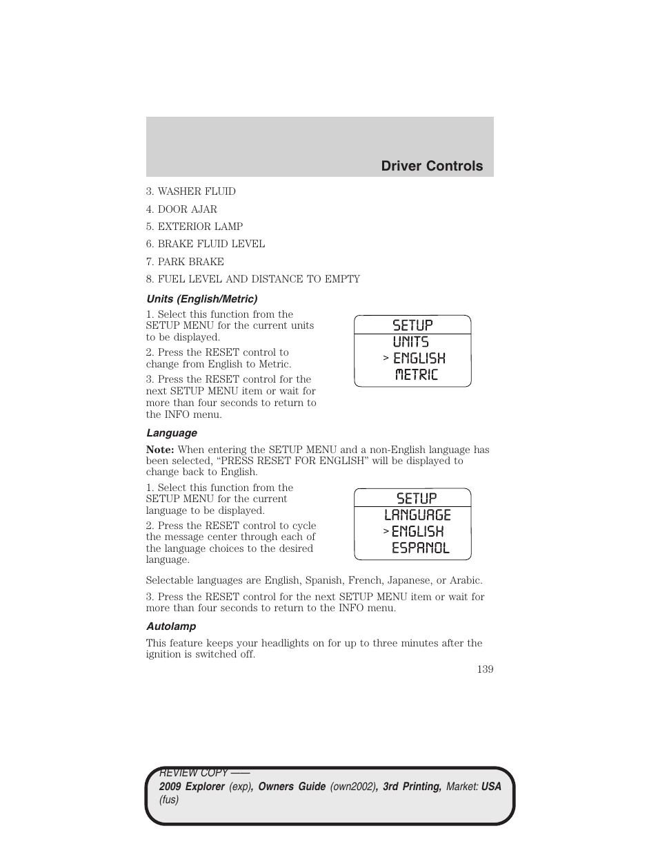 Units (english/metric), Language, Autolamp | Driver controls | FORD 2009 Explorer v.3 User Manual | Page 139 / 405