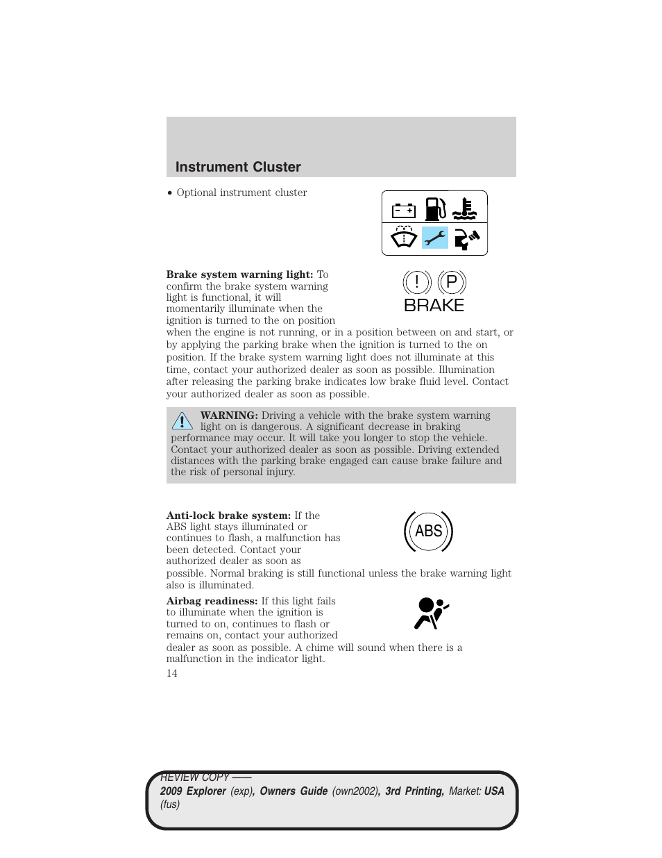 P! brake abs | FORD 2009 Explorer v.3 User Manual | Page 14 / 405