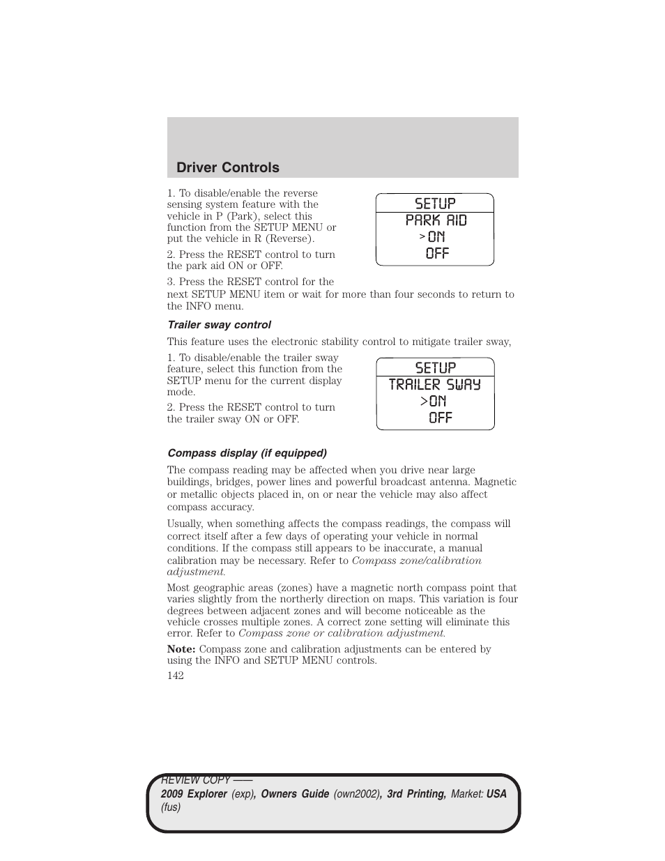 Trailer sway control, Compass display (if equipped), Driver controls | FORD 2009 Explorer v.3 User Manual | Page 142 / 405