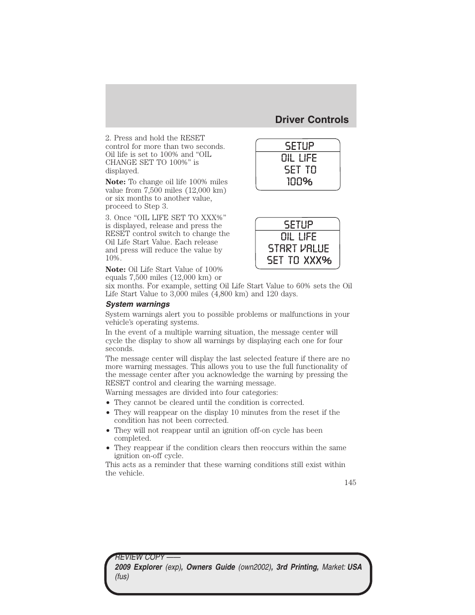 System warnings, Driver controls | FORD 2009 Explorer v.3 User Manual | Page 145 / 405