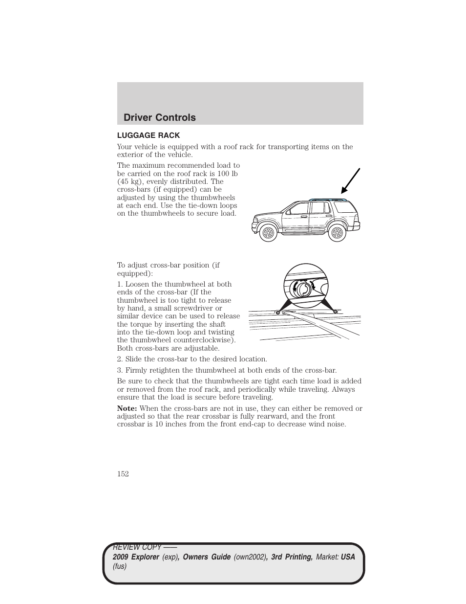 Luggage rack, Driver controls | FORD 2009 Explorer v.3 User Manual | Page 152 / 405