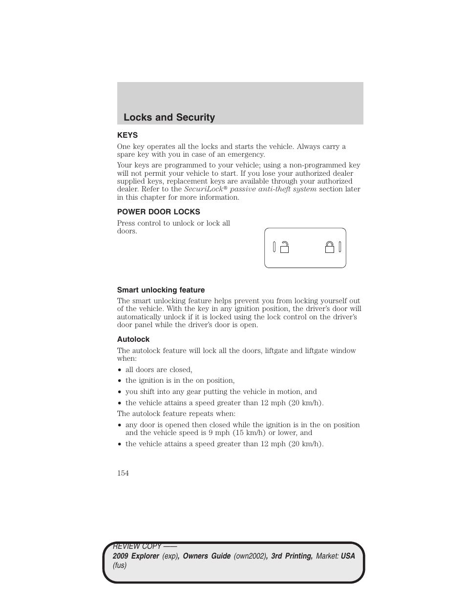 Locks and security, Keys, Power door locks | Smart unlocking feature, Autolock, Locks | FORD 2009 Explorer v.3 User Manual | Page 154 / 405