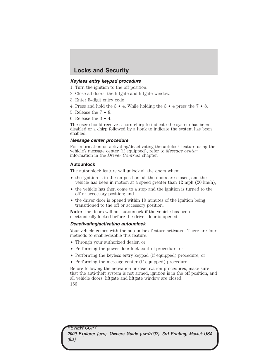 Keyless entry keypad procedure, Message center procedure, Autounlock | Deactivating/activating autounlock, Locks and security | FORD 2009 Explorer v.3 User Manual | Page 156 / 405