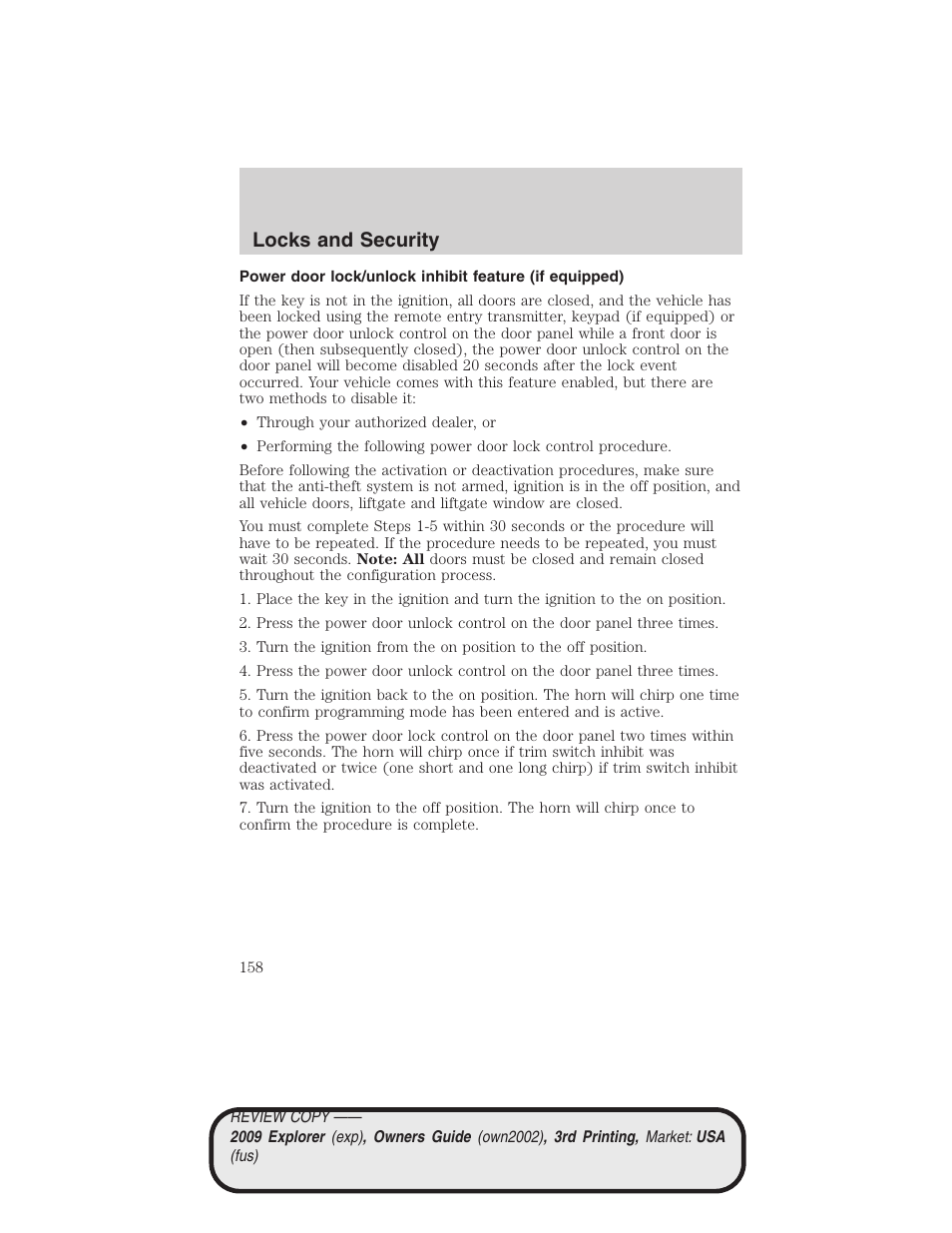 Locks and security | FORD 2009 Explorer v.3 User Manual | Page 158 / 405