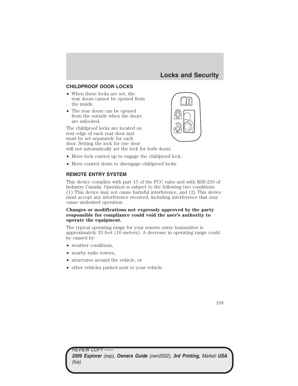 Childproof door locks, Remote entry system, Anti-theft system | Locks and security | FORD 2009 Explorer v.3 User Manual | Page 159 / 405