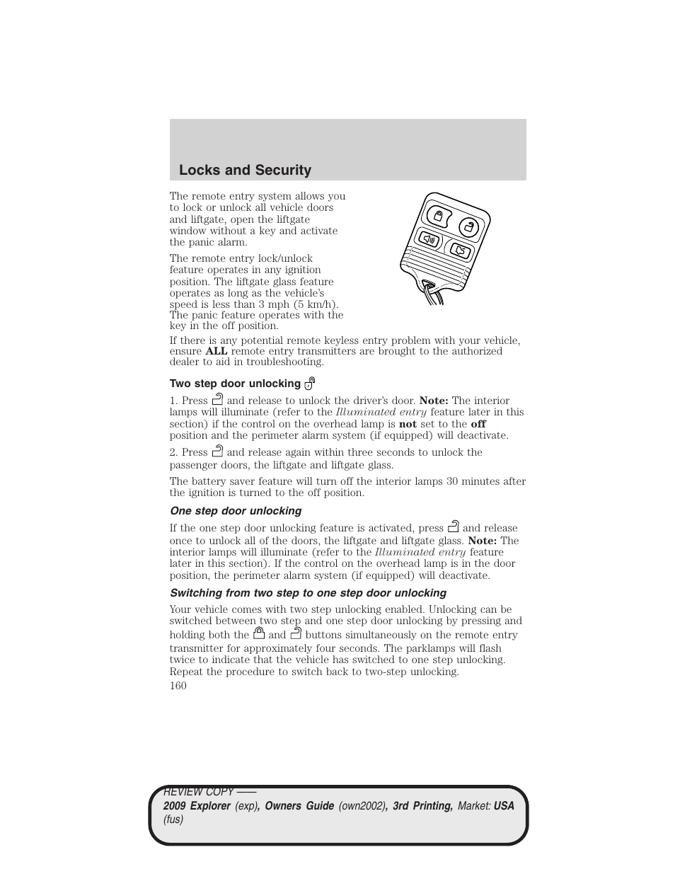 Two step door unlocking, One step door unlocking, Switching from two step to one step door unlocking | Locks and security | FORD 2009 Explorer v.3 User Manual | Page 160 / 405