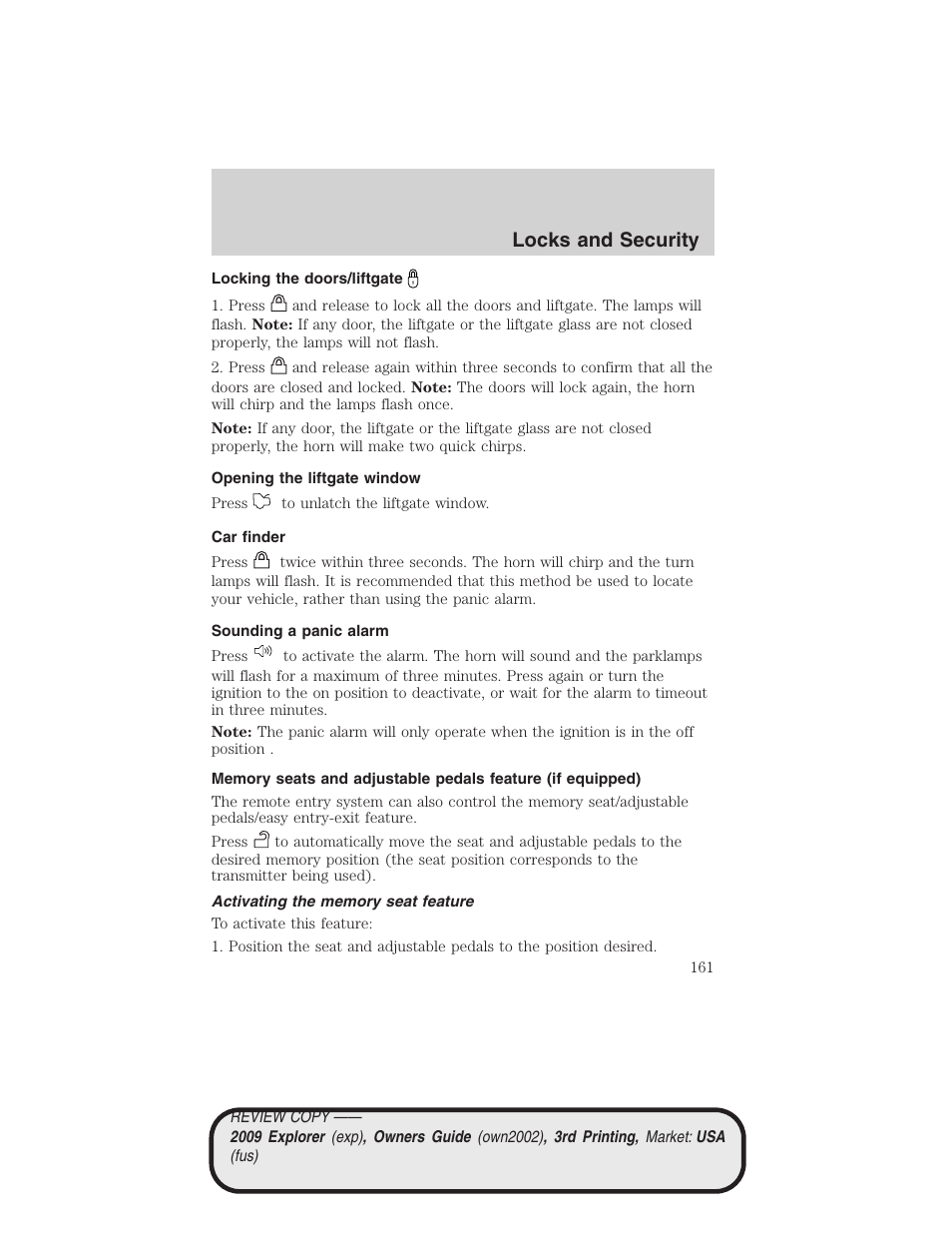 Locking the doors/liftgate, Opening the liftgate window, Car finder | Sounding a panic alarm, Activating the memory seat feature, Locks and security | FORD 2009 Explorer v.3 User Manual | Page 161 / 405