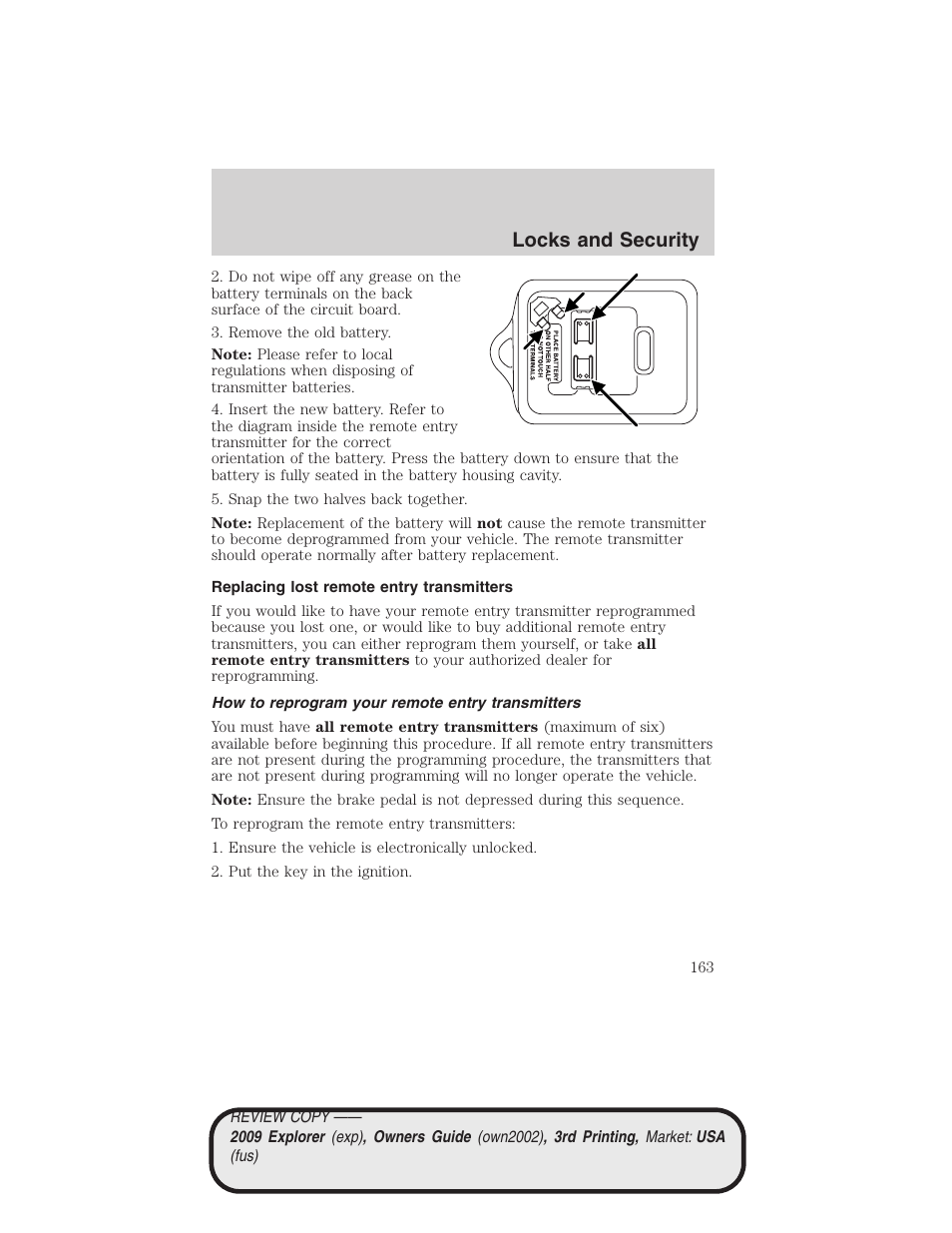 Replacing lost remote entry transmitters, How to reprogram your remote entry transmitters, Locks and security | FORD 2009 Explorer v.3 User Manual | Page 163 / 405