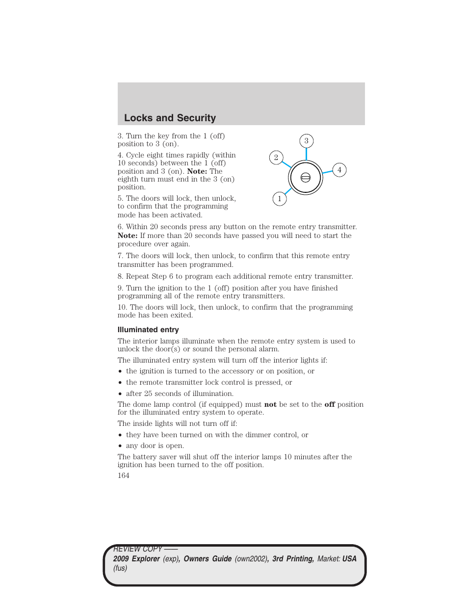 Illuminated entry, Locks and security | FORD 2009 Explorer v.3 User Manual | Page 164 / 405
