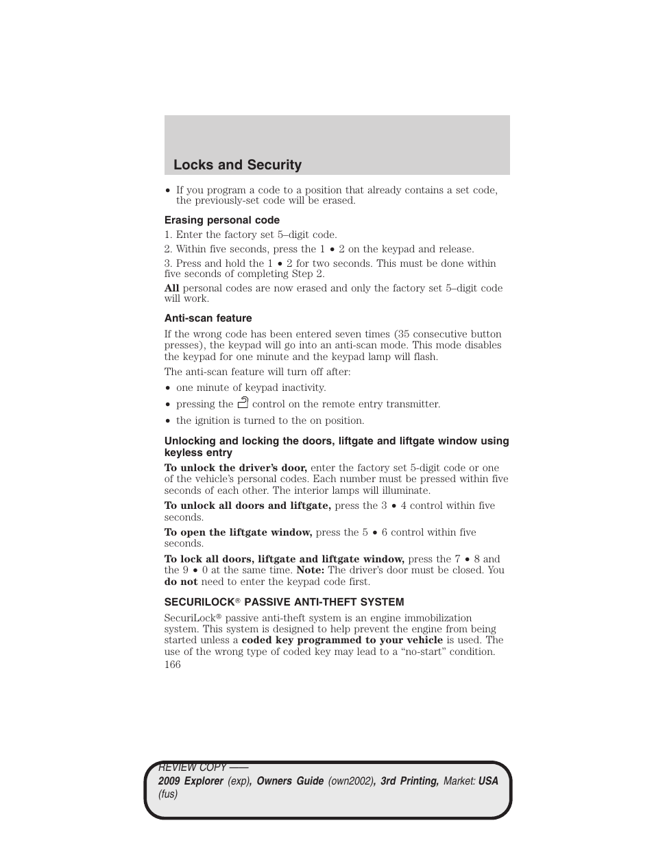 Erasing personal code, Anti-scan feature, Securilock passive anti-theft system | Locks and security | FORD 2009 Explorer v.3 User Manual | Page 166 / 405