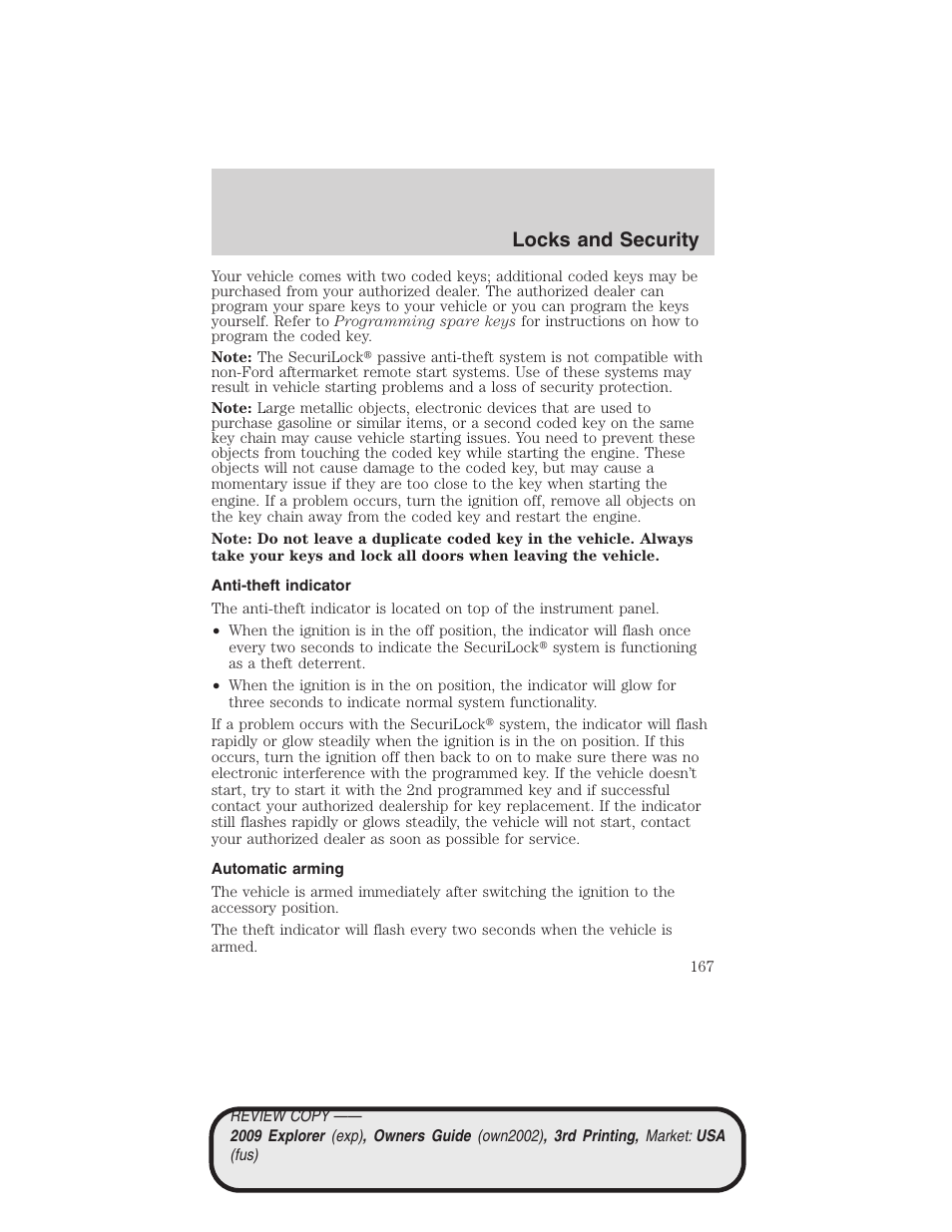 Anti-theft indicator, Automatic arming, Locks and security | FORD 2009 Explorer v.3 User Manual | Page 167 / 405