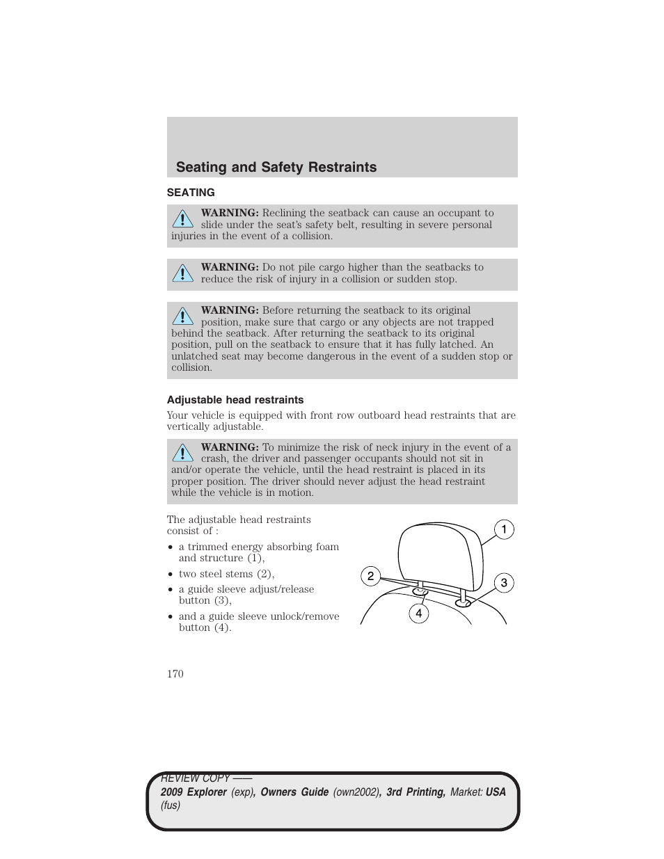 Seating and safety restraints, Seating, Adjustable head restraints | FORD 2009 Explorer v.3 User Manual | Page 170 / 405